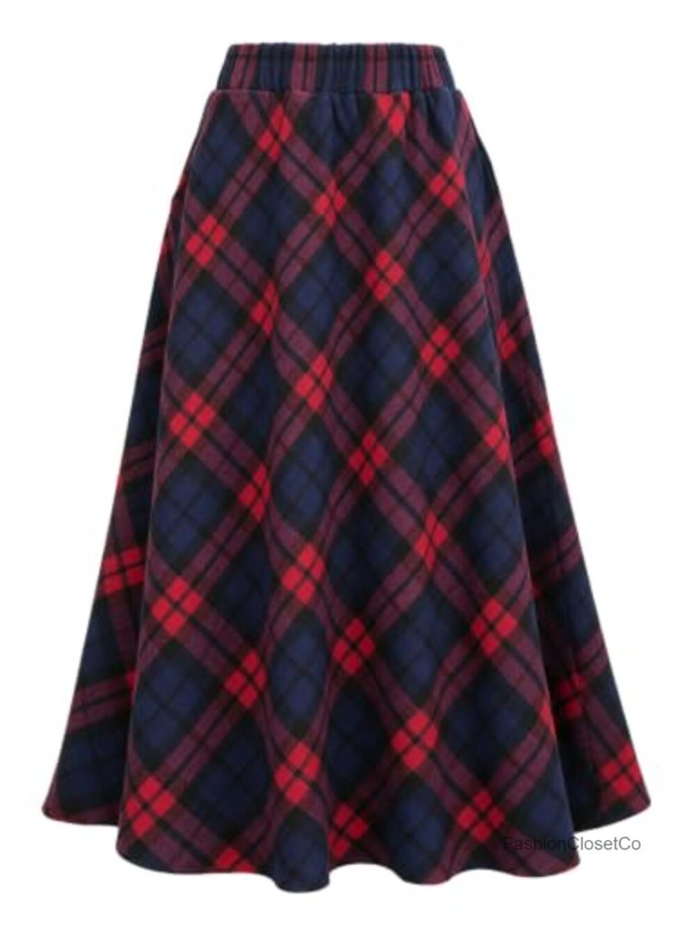 Wool Blend Plaid A-Line Pleated Maxi Skirt High Waisted with Pockets